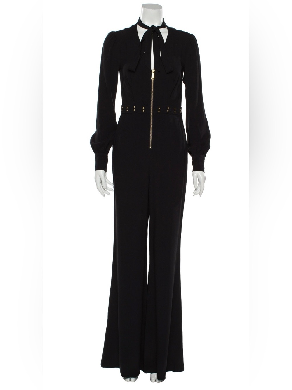 Rachel Zoe Black Tie Neck Wide Leg Evening Jumpsuit Beaded Waist Zip XS 2